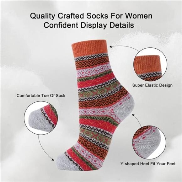 Wool Socks for Women, 5 Pairs Winter Warm Thick Crew Knit Socks Vintage Cozy - Picture 3 of 7
